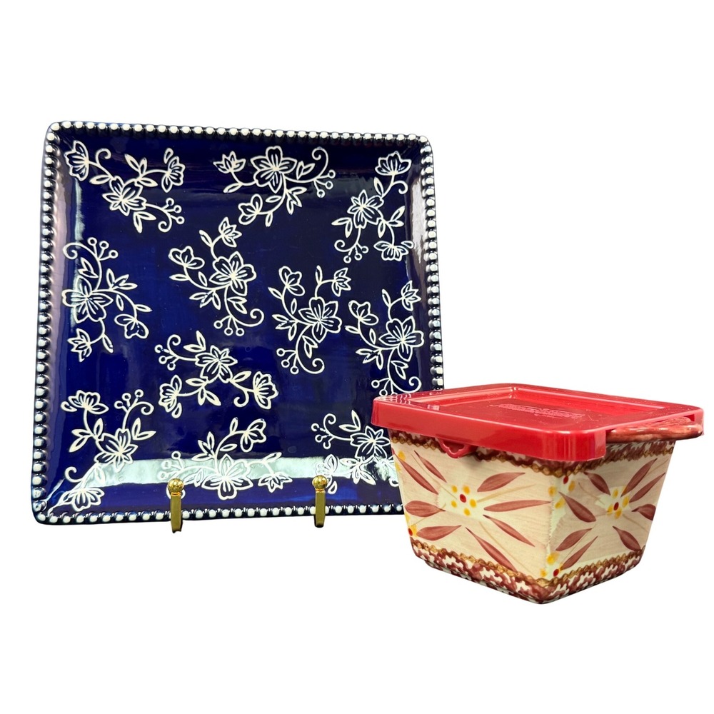 Temp-tations Tara Blue Floral Lace Serving Tray with Red Ramekin Set